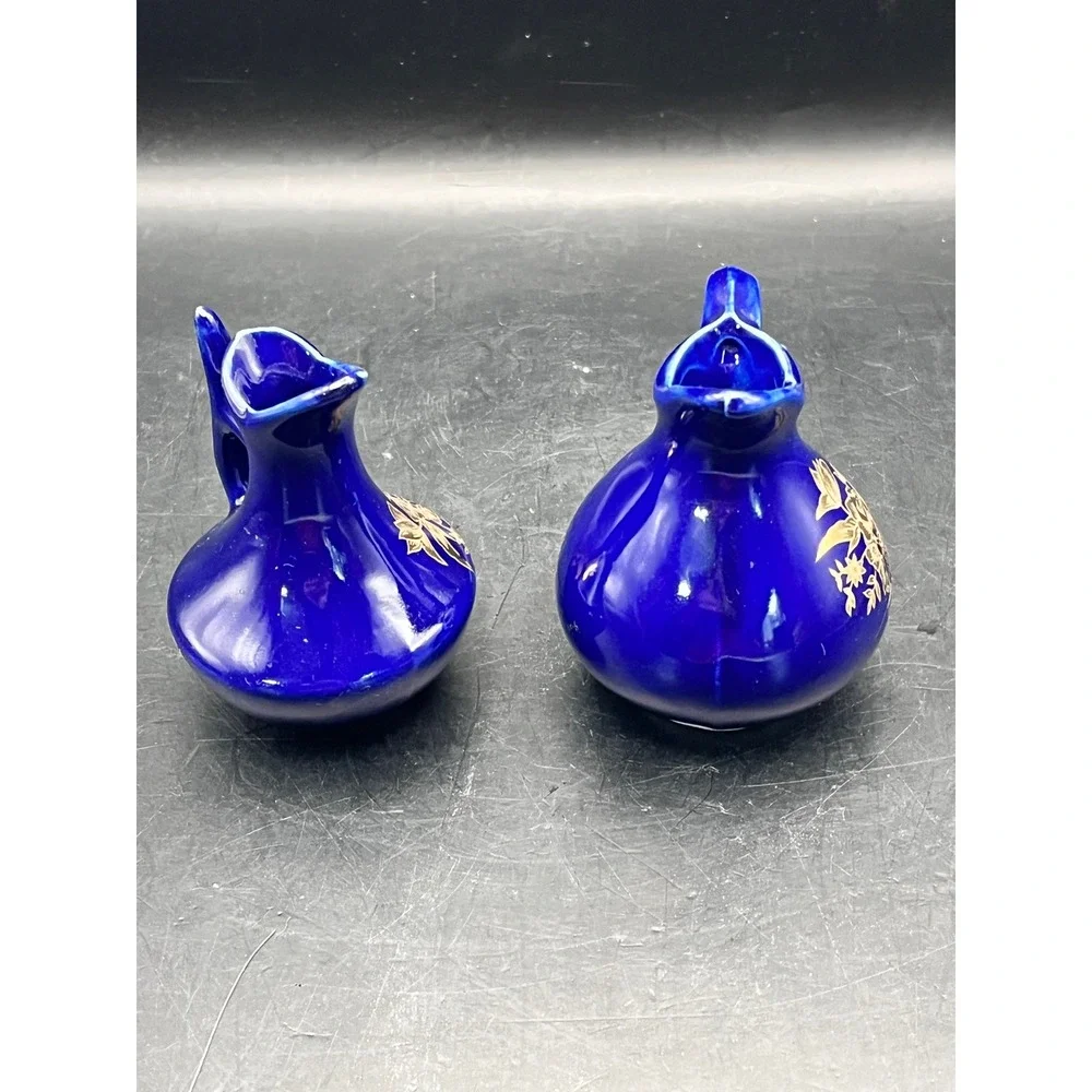 Vintage Set of 2 Chadwick Mini Bud Vases Cobalt Blue‎ Gold Flowers-3.25